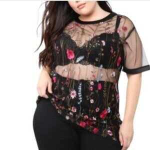 Fashion Nova Womens Raining Daisies Embroidered Sheer Mesh Top Plus 1X New